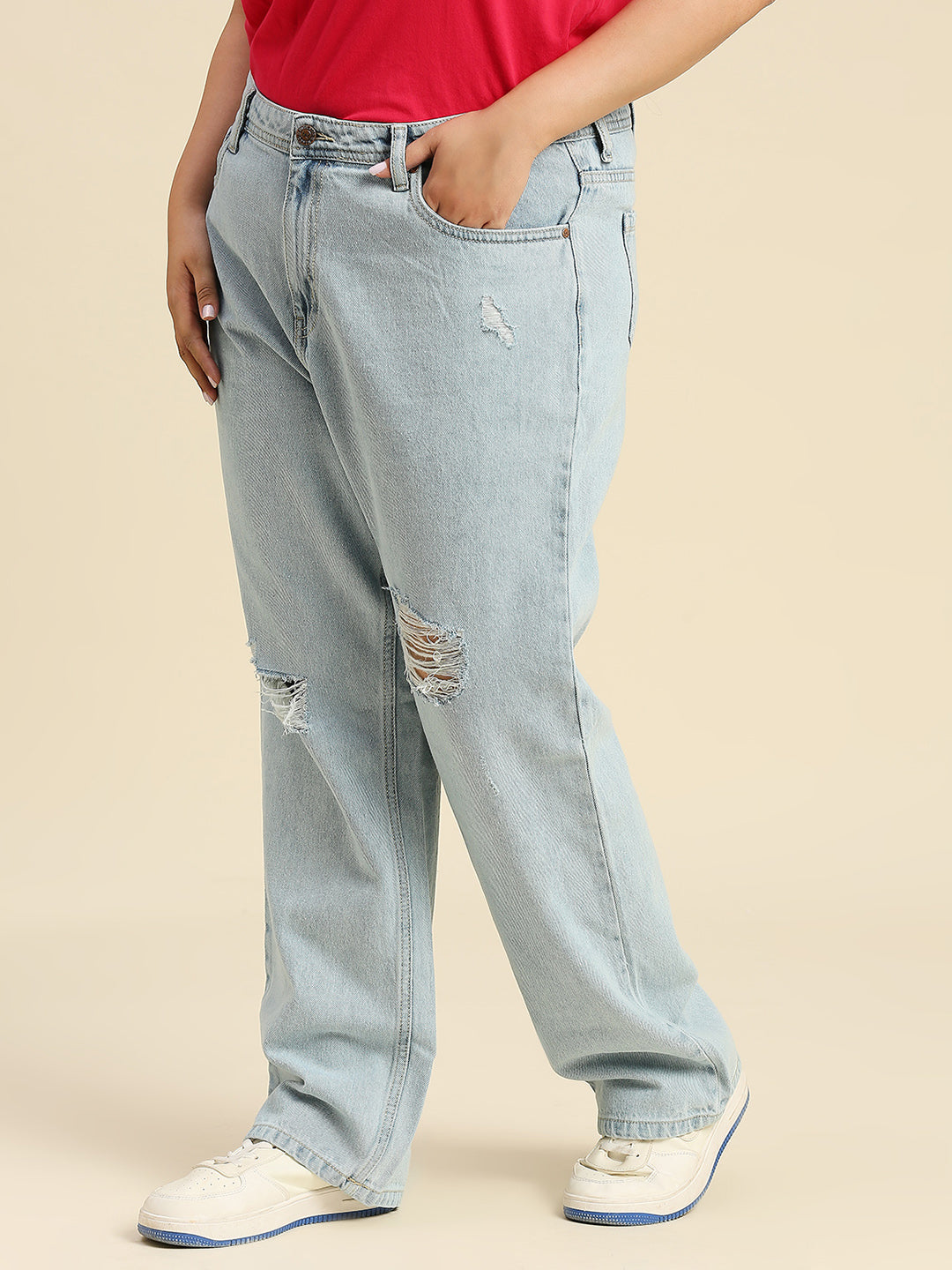 Women Plus Size Comfort Wide Leg High-Rise Low Distress Jeans