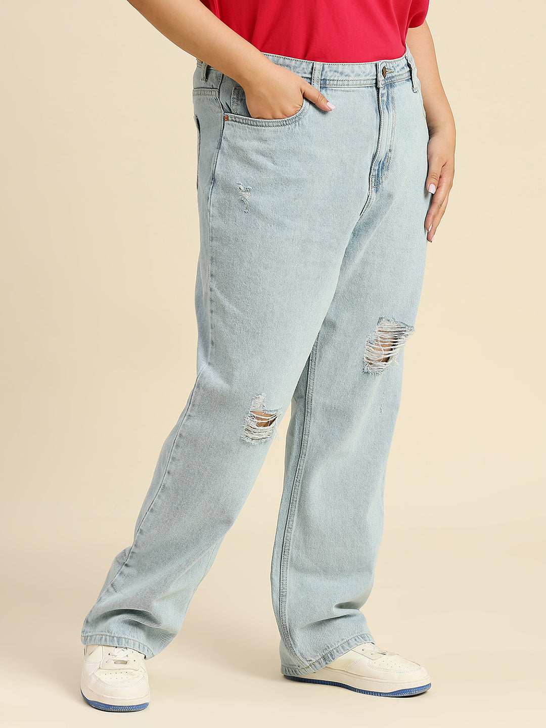 Women Plus Size Comfort Wide Leg High-Rise Low Distress Jeans