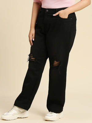 Women Plus Size Comfort Wide Leg High-Rise Low Distress Jeans