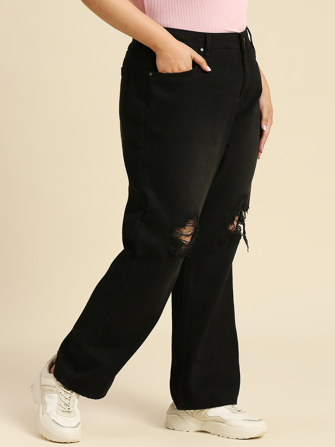 Women Plus Size Comfort Wide Leg High-Rise Low Distress Jeans