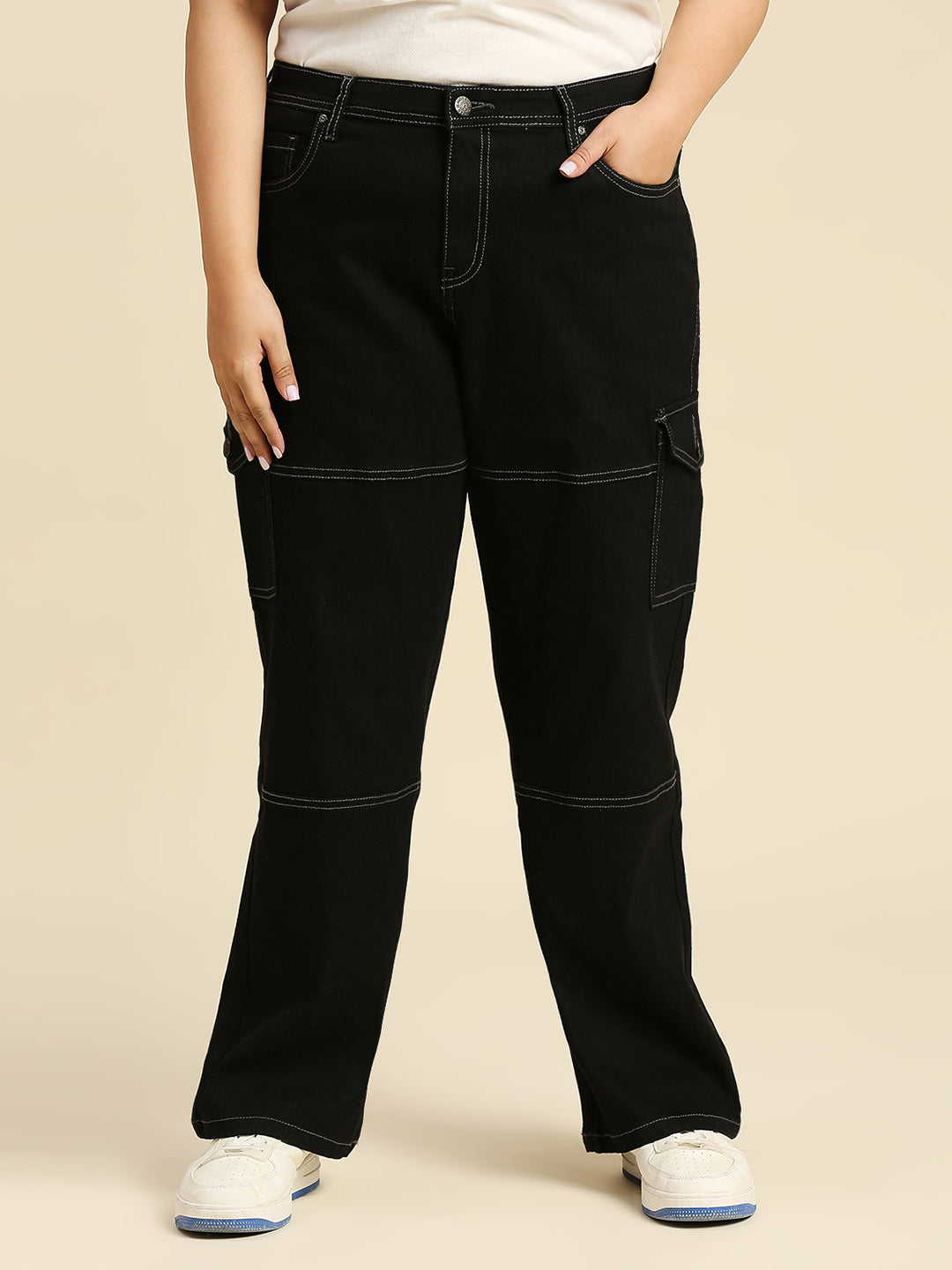 Women Plus Size Comfort Wide Leg High-Rise Stretchable Cargo Jeans