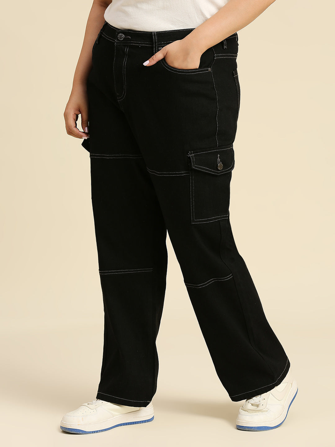 Women Plus Size Comfort Wide Leg High-Rise Stretchable Cargo Jeans