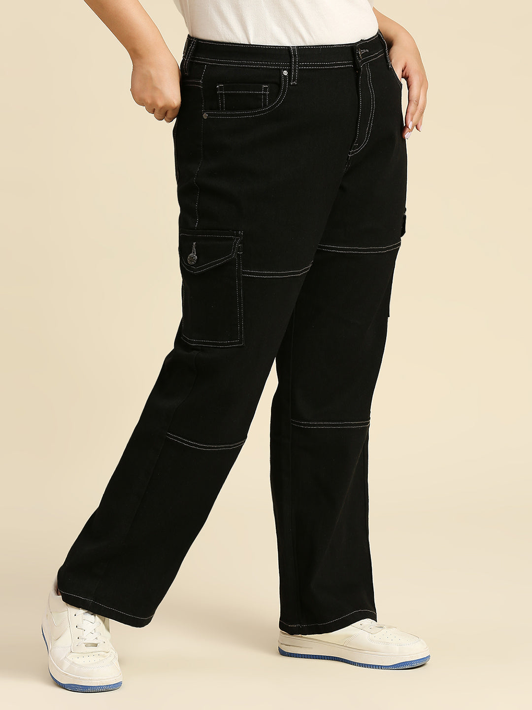 Women Plus Size Comfort Wide Leg High-Rise Stretchable Cargo Jeans