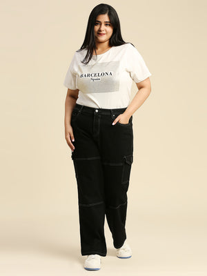 Women Plus Size Comfort Wide Leg High-Rise Stretchable Cargo Jeans