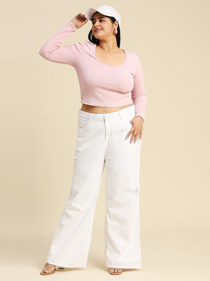 Women Plus Size Comfort Wide Leg High-Rise Low Distress Jeans