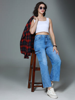 Women 90's Baggy High-Rise Clean Look Light Fade Cargo Style Cotton Jeans