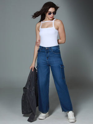 Women 90s baggy High-Rise Clean Look Light Fade Cargo Style Cotton Jeans