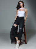 Women Slouchy Fit High-Rise Slash Knee Light Fade Cotton Jeans