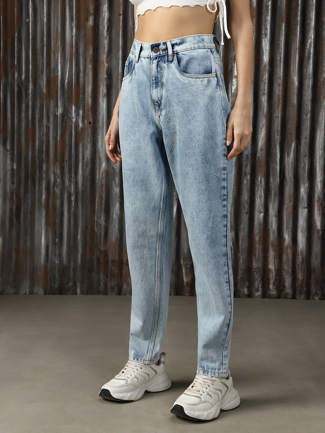 Women Washed Mom Fit High-rise Jeans