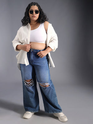 Women Plus Size Relaxed Fit Pure Cotton High-Rise Light Fade Jeans