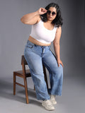 Women Plus Size Relaxed Fit Pure Cotton High-Rise Light Fade Jeans