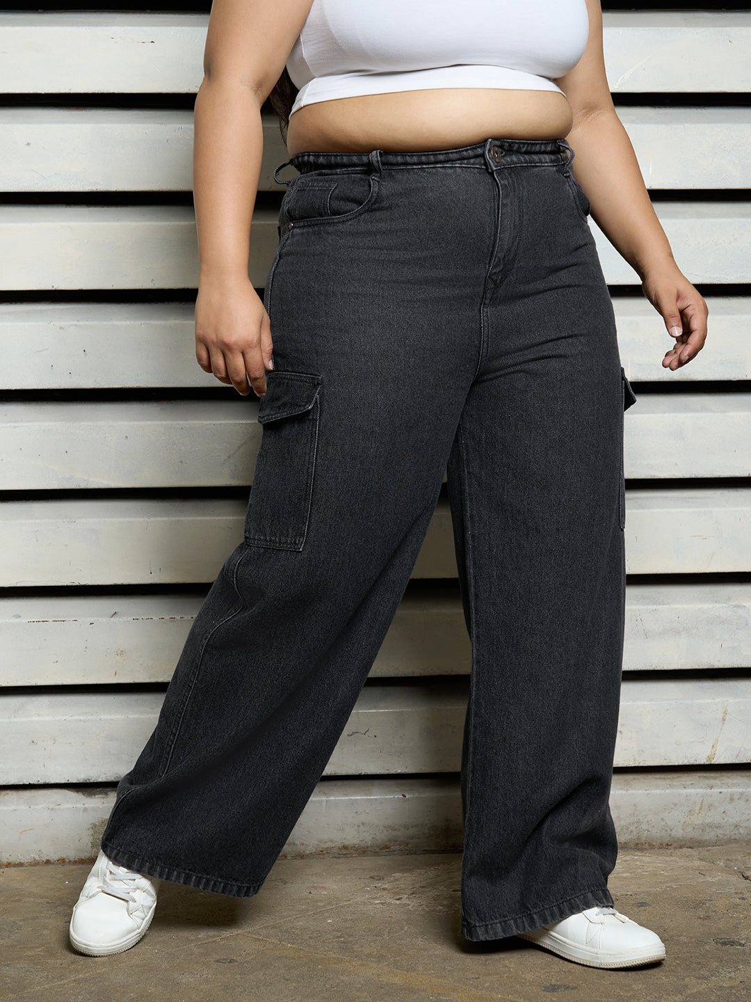 Plus Size Women Cotton Wide Leg High-Rise Casual Jeans