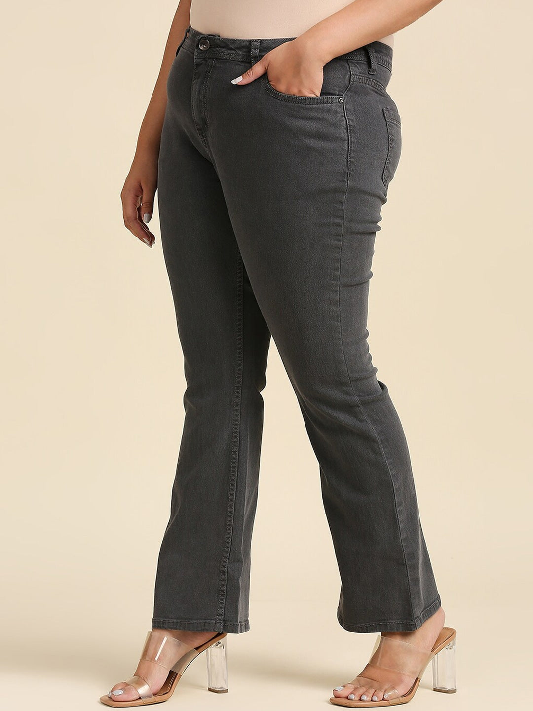 Women Plus Size Grey Bootcut Stretchable Jeans