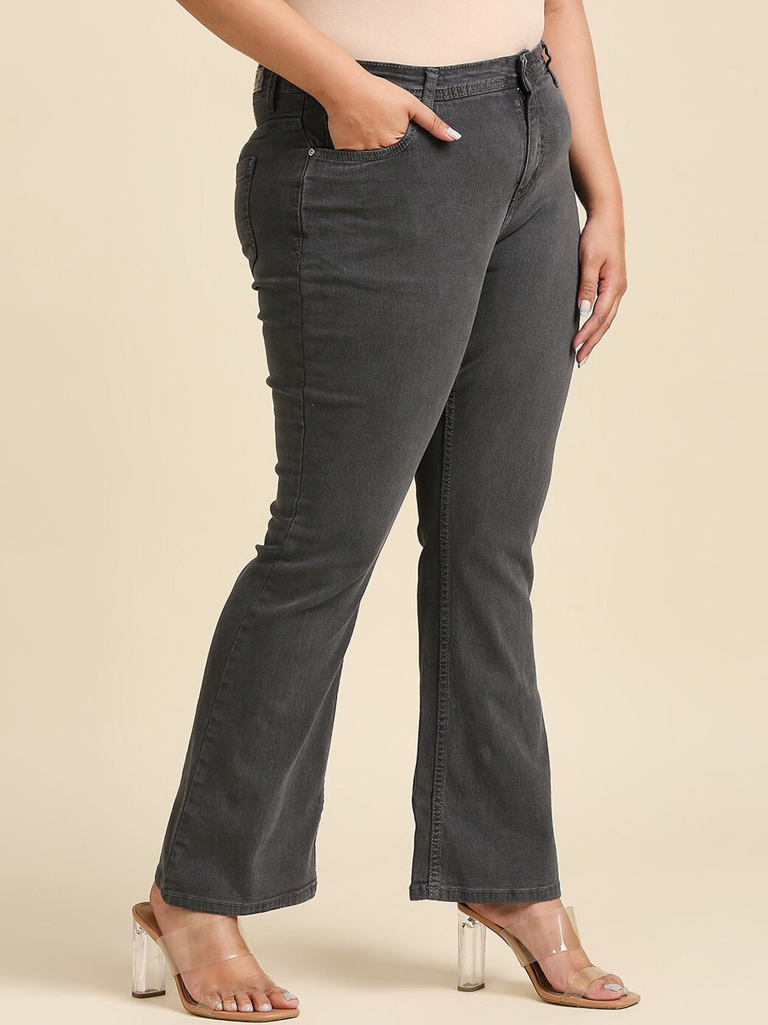 Women Plus Size Grey Bootcut Stretchable Jeans