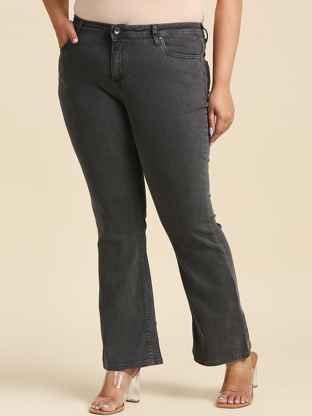 Women Plus Size Grey Bootcut Stretchable Jeans