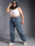 Women Plus Size Straight Fit Pure Cotton High-Rise Light Fade Jeans