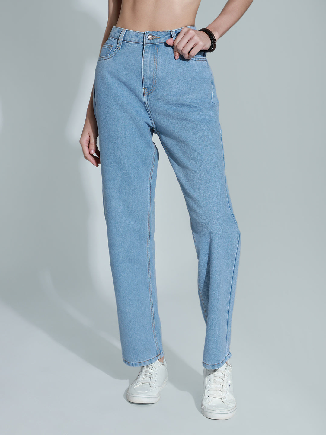 Women 90s Straight High-Rise Clean Look Pure Cotton Jeans