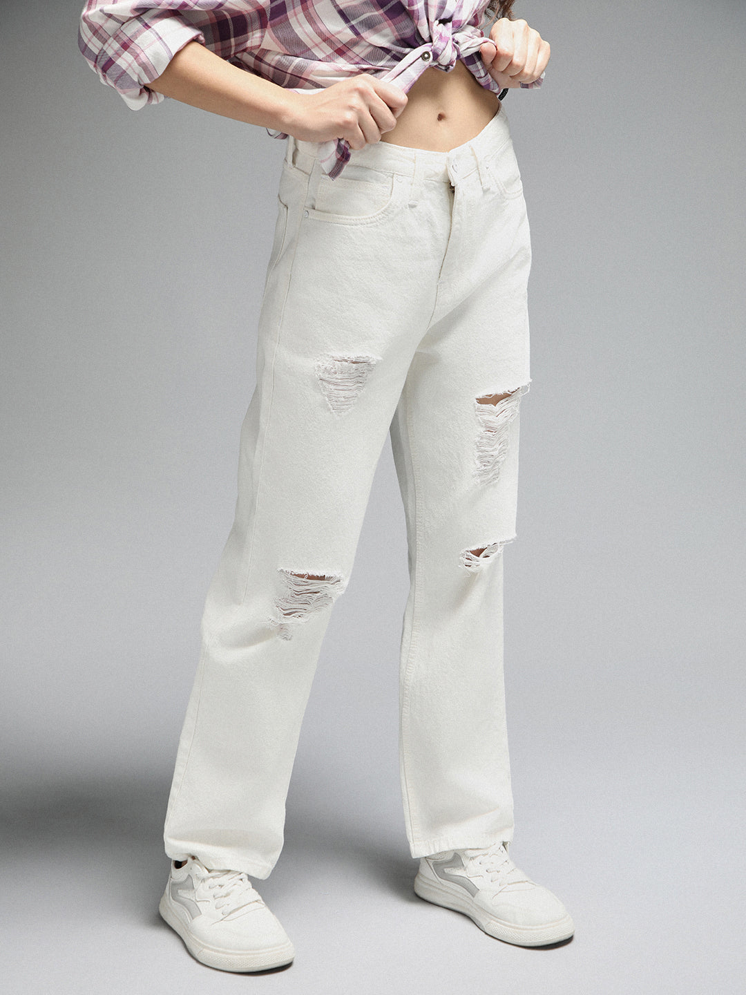 Women Straight Fit High-Rise Mildly Distressed Cotton Jeans