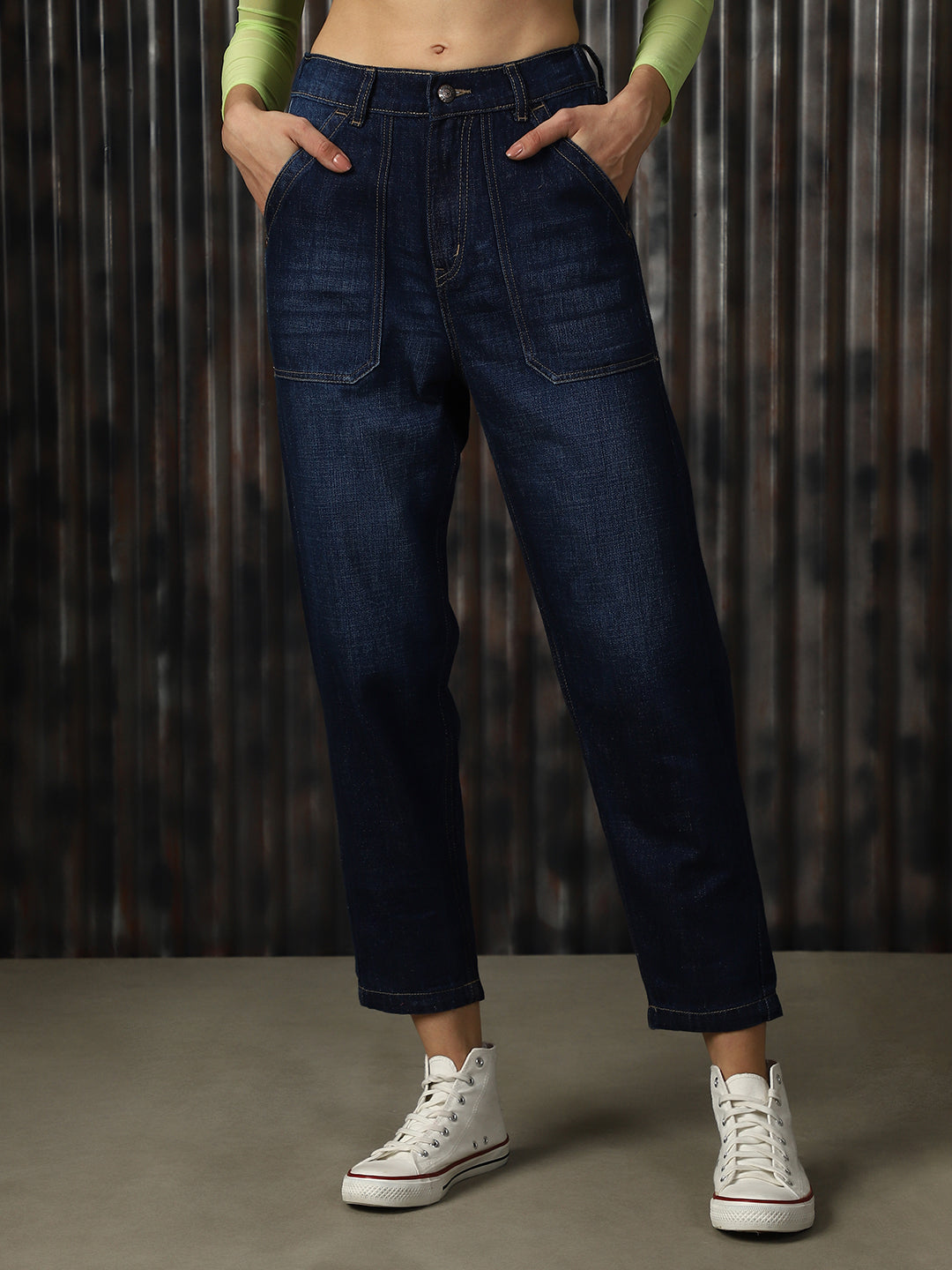 High Star Women Cotton Crinkle Comfort High-Rise Light Fade Jeans