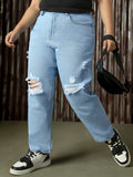 High Star Plus Size Women Cotton Comfort High-Rise Mildly Distressed Jeans