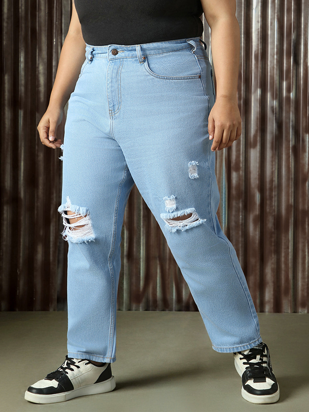 High Star Plus Size Women Cotton Comfort High-Rise Mildly Distressed Jeans