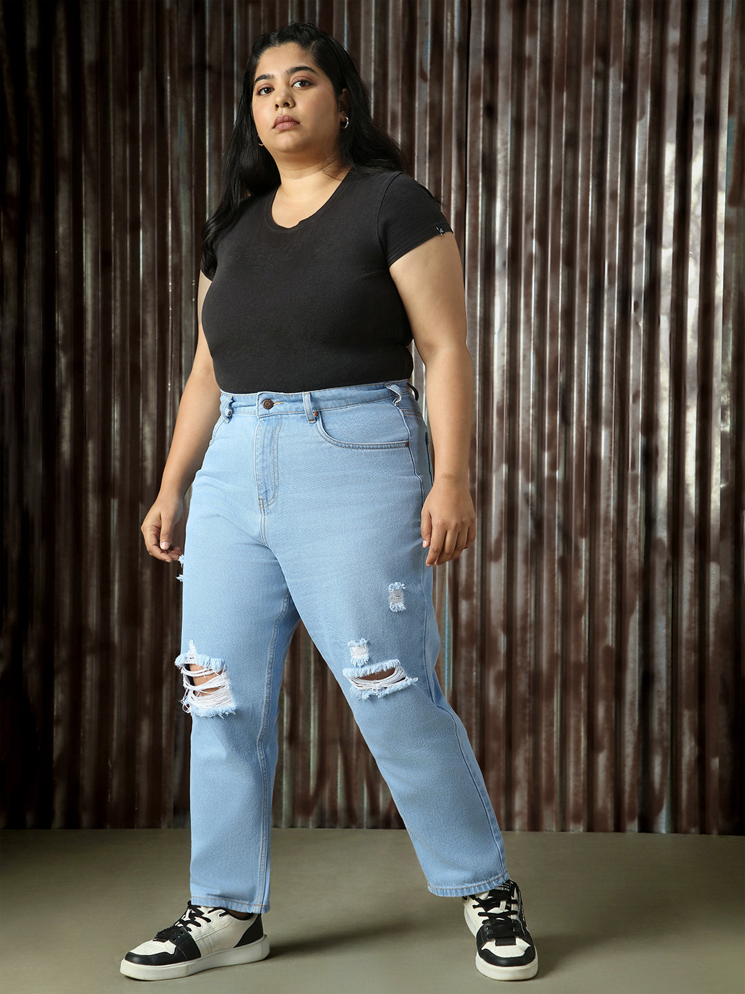 High Star Plus Size Women Cotton Comfort High-Rise Mildly Distressed Jeans