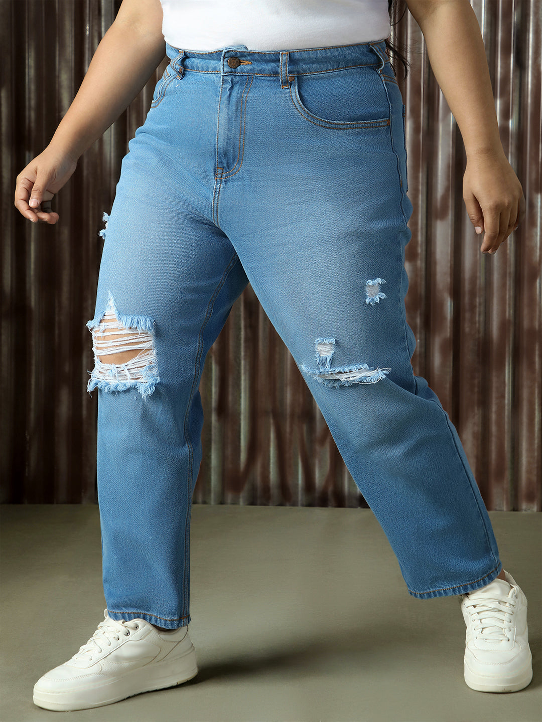 High Star Plus Size Women Mom Fit Comfort High-Rise Slash Knee Jeans