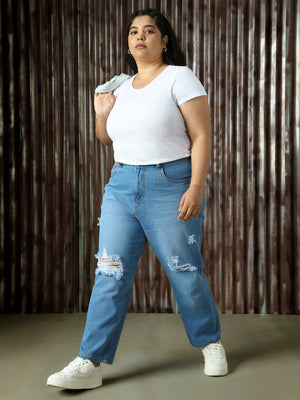 High Star Plus Size Women Mom Fit Comfort High-Rise Slash Knee Jeans