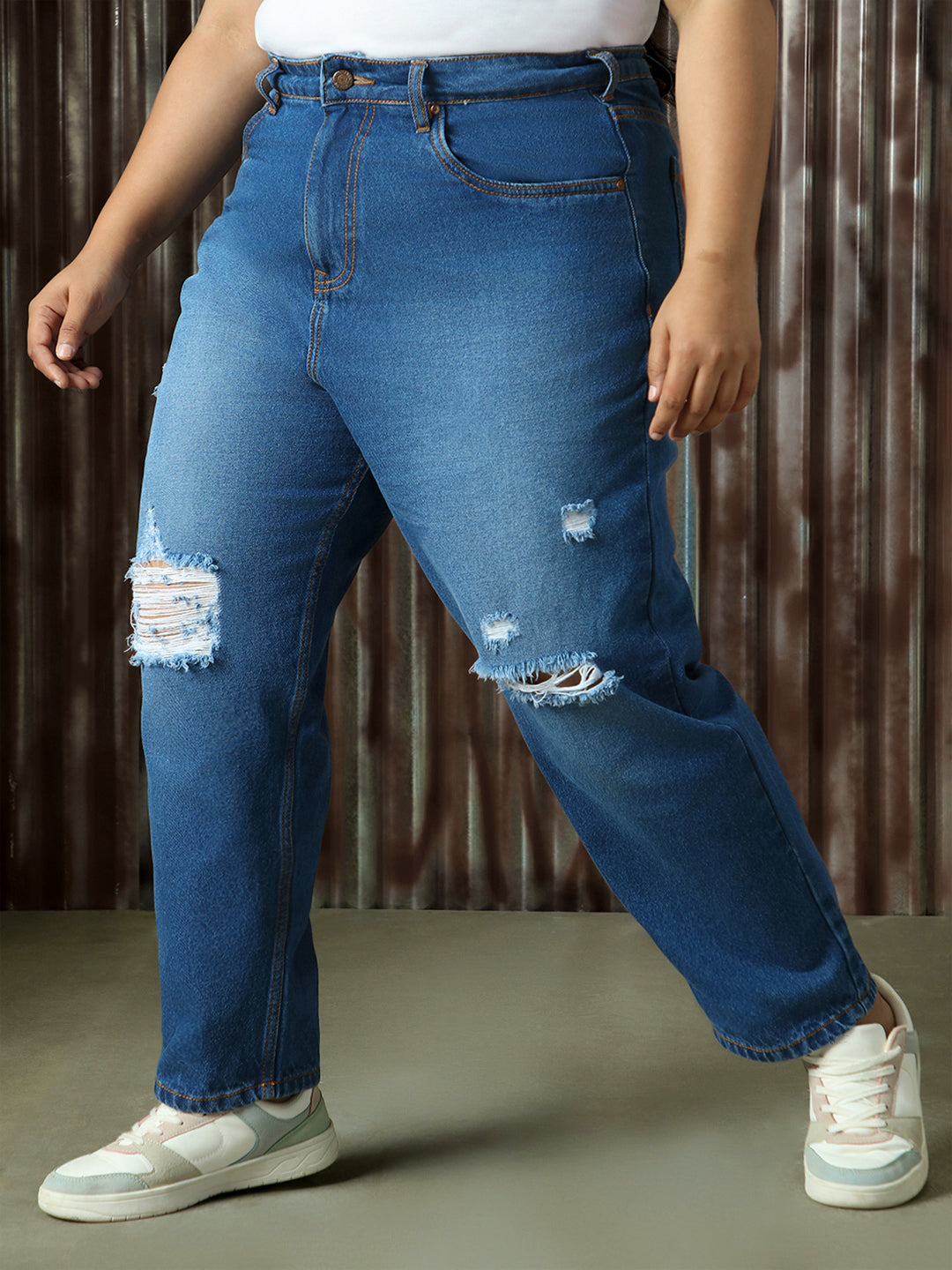 High Star Plus Size Women Comfort High-Rise Mildly Distressed Light Fade Jeans