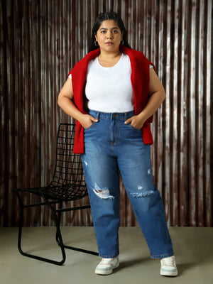 High Star Plus Size Women Comfort High-Rise Mildly Distressed Light Fade Jeans