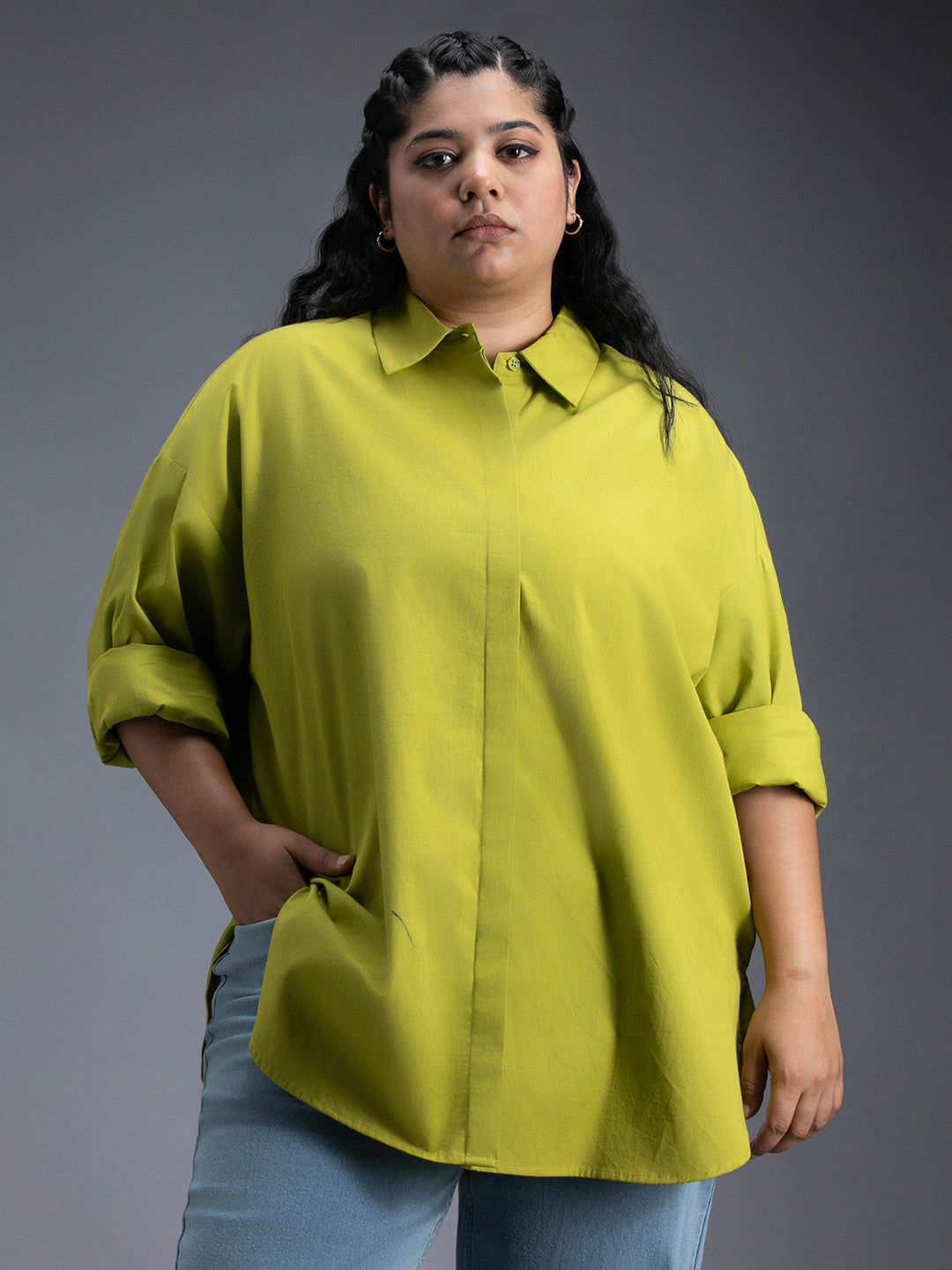 Plus Size Classic Spread Collar Curved Cotton Oversized Casual Shirt