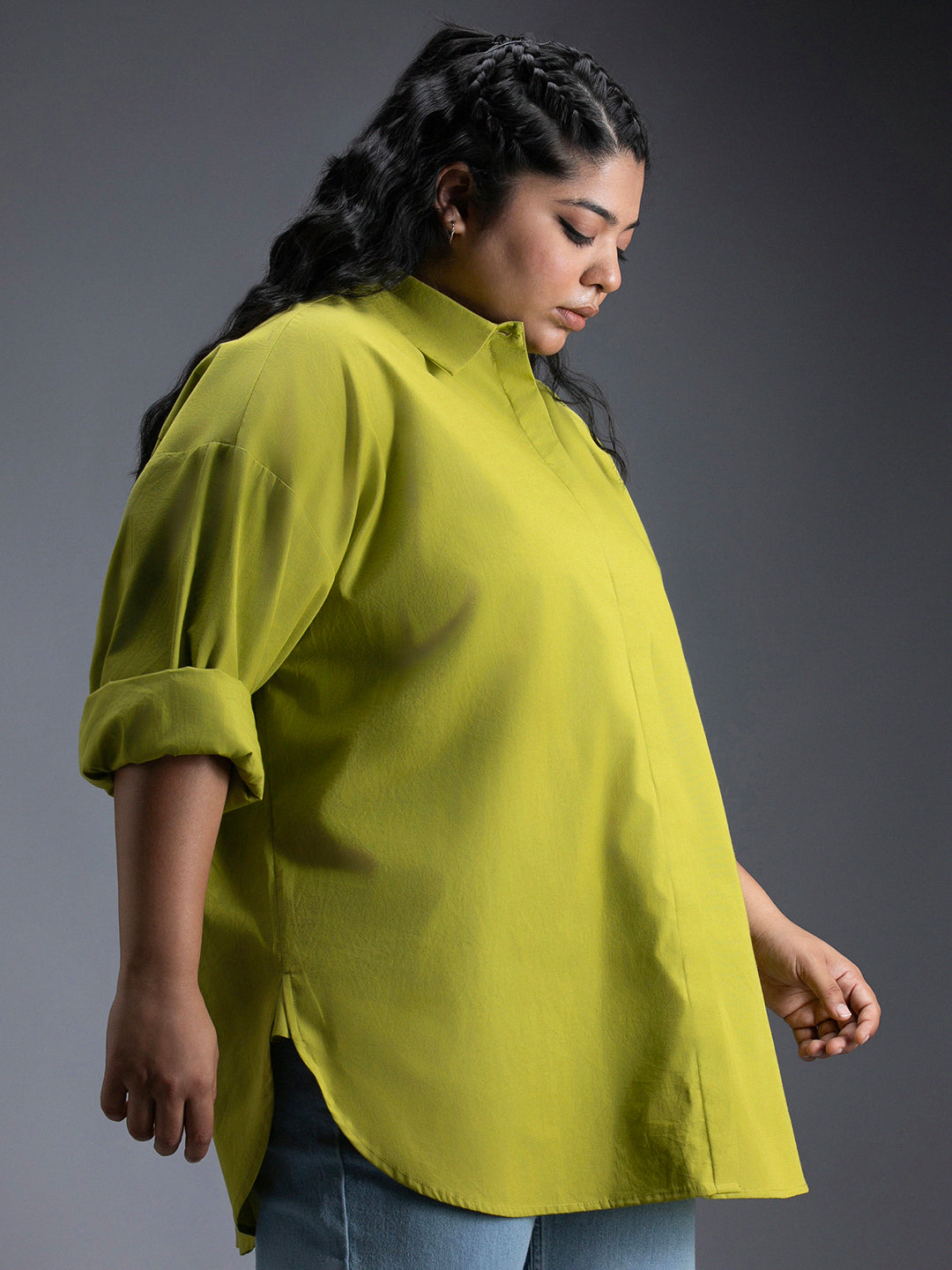 Plus Size Classic Spread Collar Curved Cotton Oversized Casual Shirt