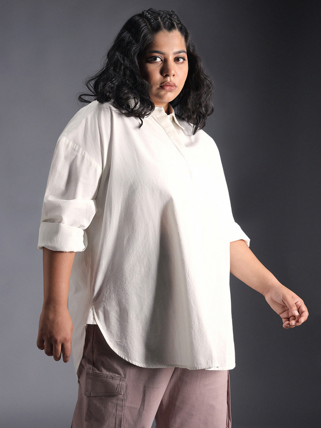 Plus Size Classic Spread Collar Curved Cotton Oversized Casual Shirt