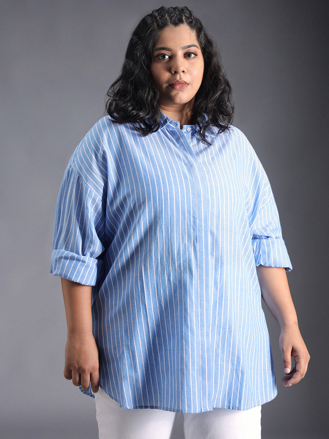 Plus Size Classic Striped Spread Collar Curved Cotton Oversized Casual Shirt