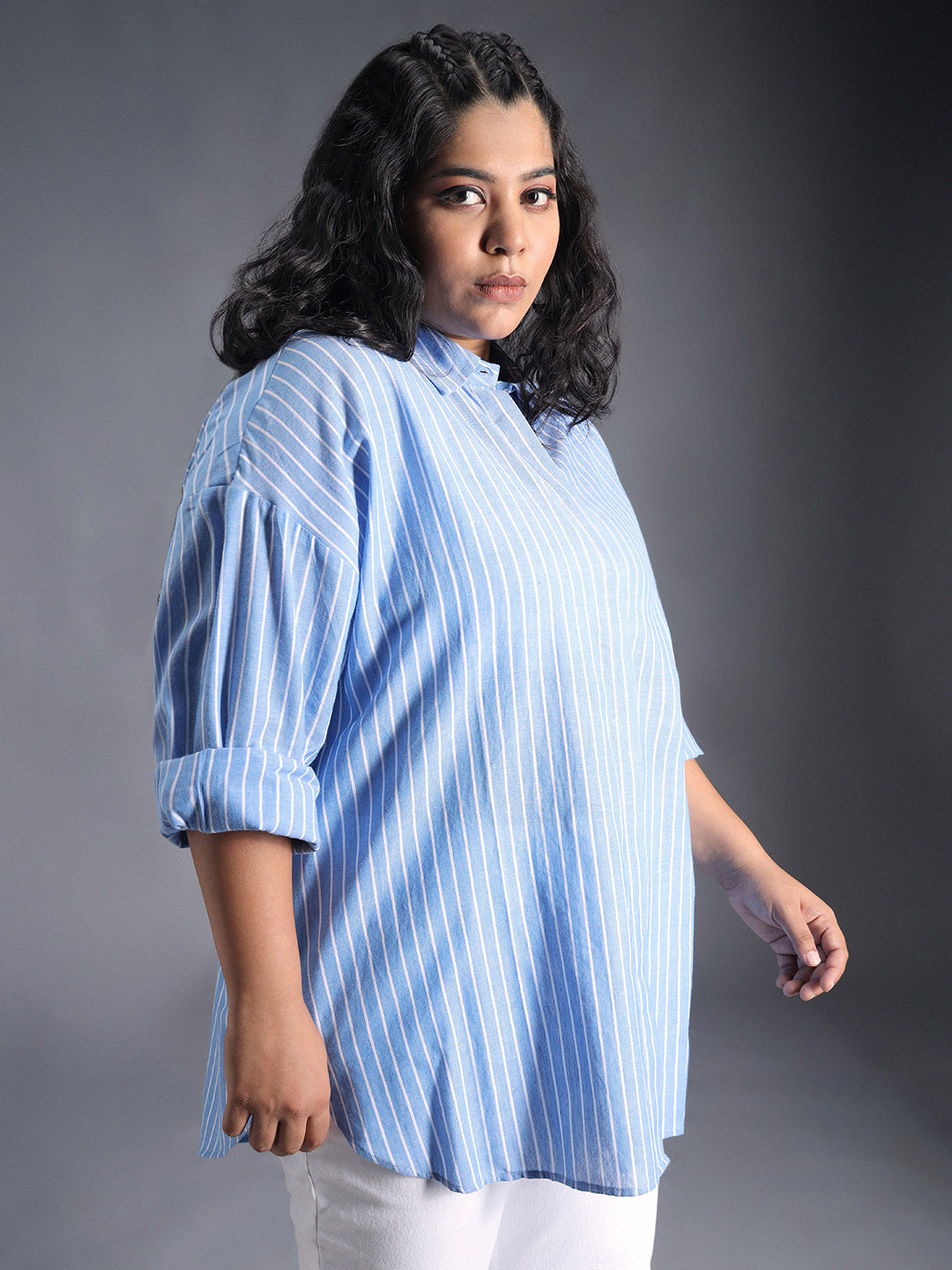 Plus Size Classic Striped Spread Collar Curved Cotton Oversized Casual Shirt