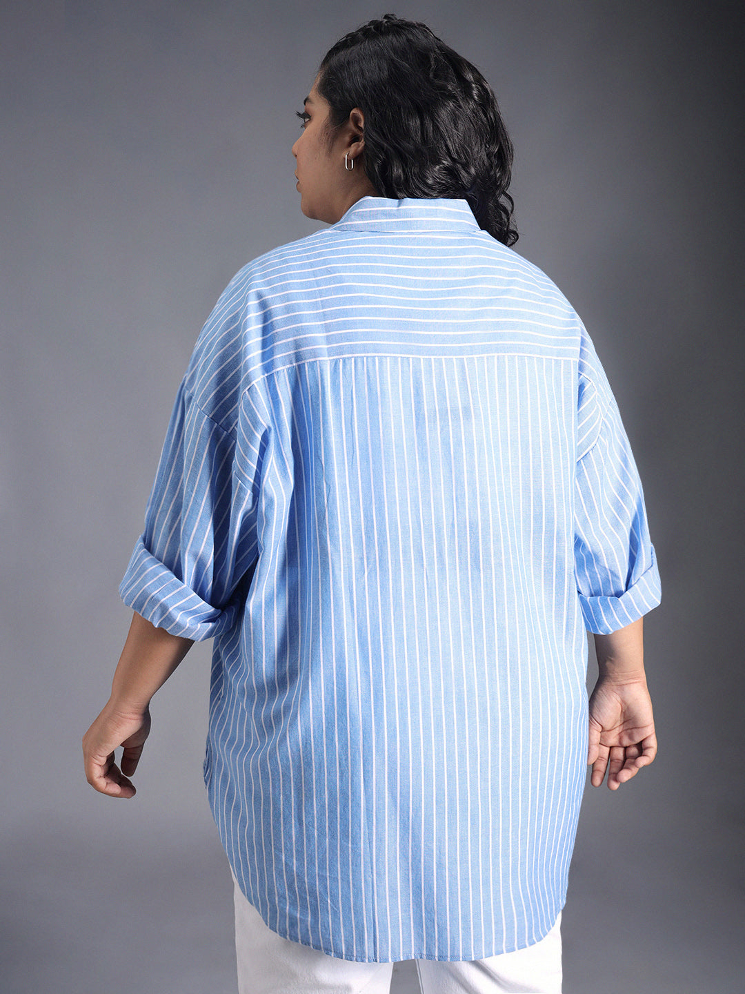 Plus Size Classic Striped Spread Collar Curved Cotton Oversized Casual Shirt