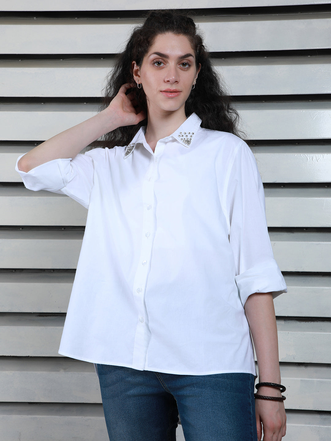 Classic Spread Collar Embellished Cotton Oversized Casual Shirt