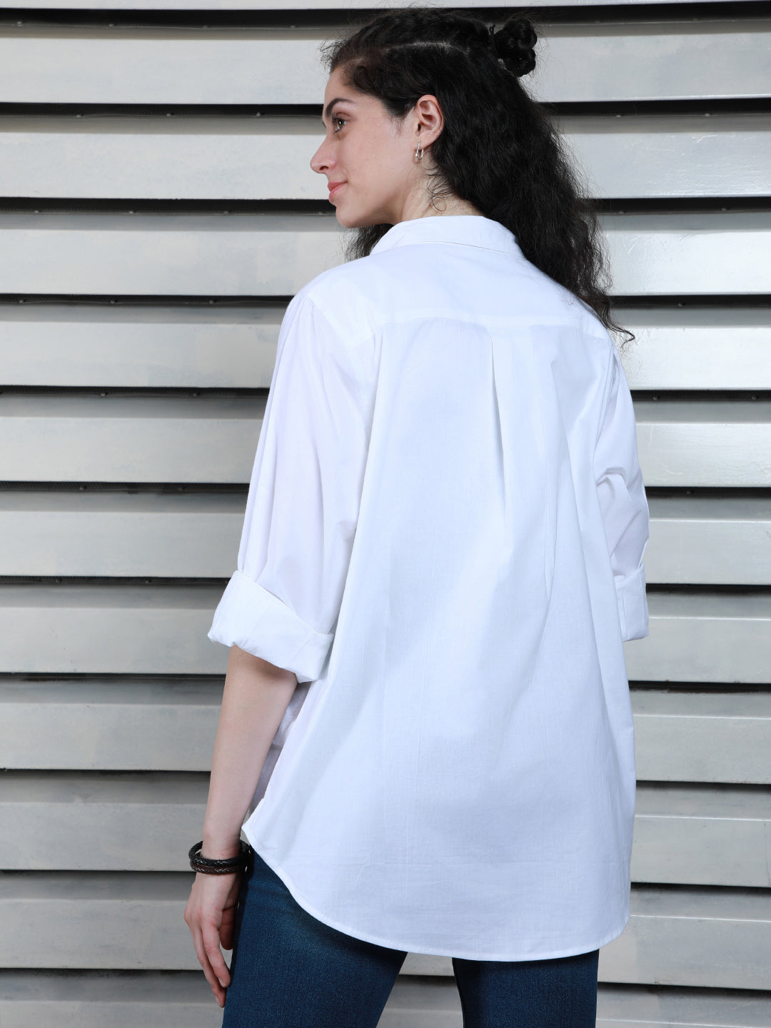 Classic Spread Collar Embellished Cotton Oversized Casual Shirt