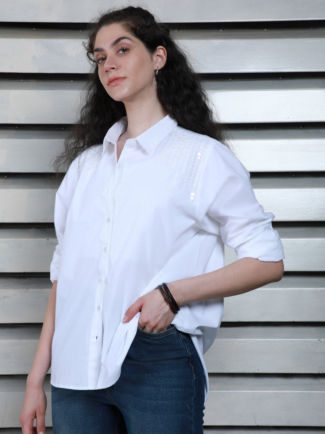 Classic Spread Collar Embellished Cotton Oversized Casual Shirt