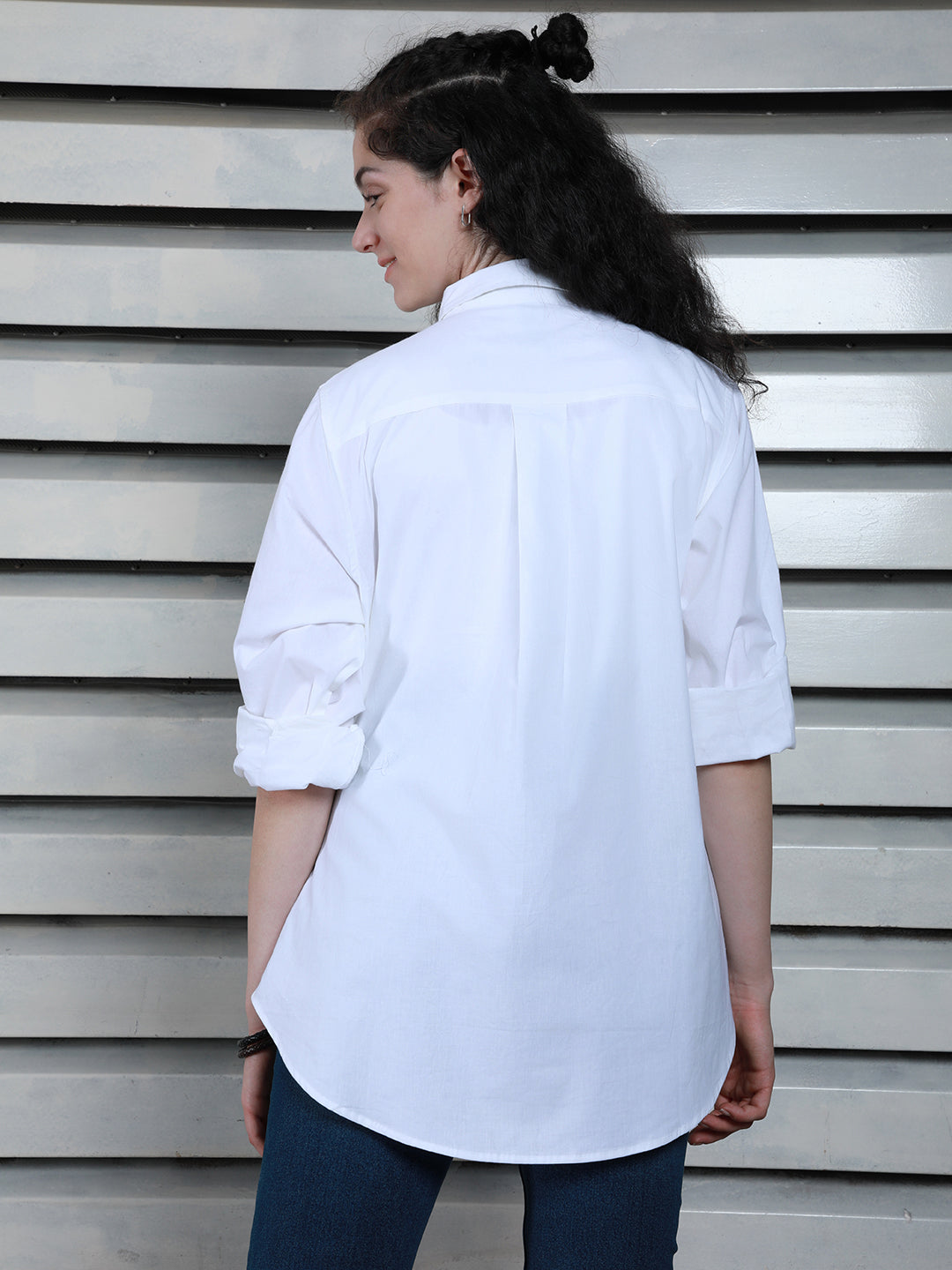 Classic Spread Collar Embellished Cotton Oversized Casual Shirt