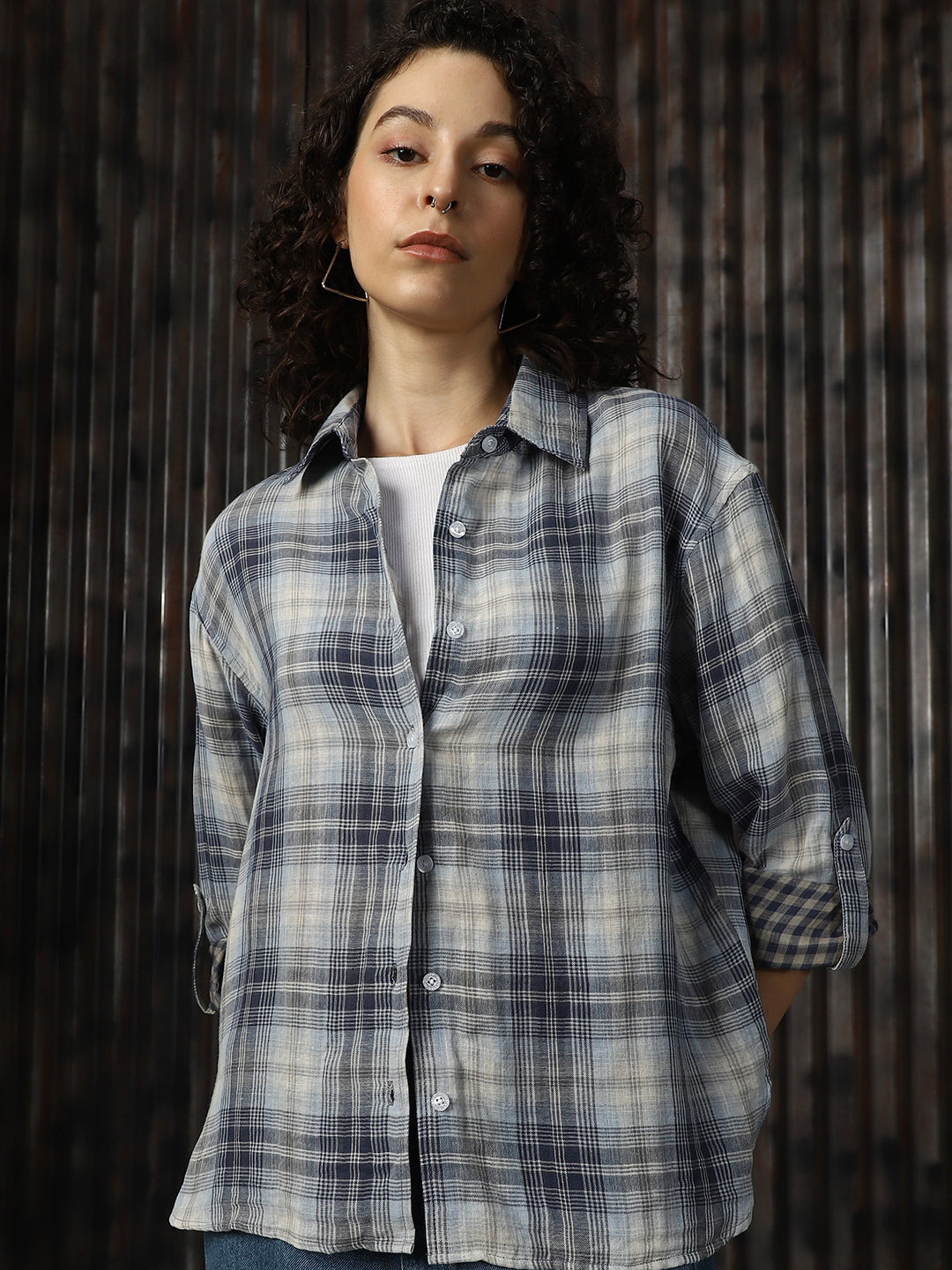 High Star Women Relaxed Tartan Checks Opaque Checked Casual Shirt