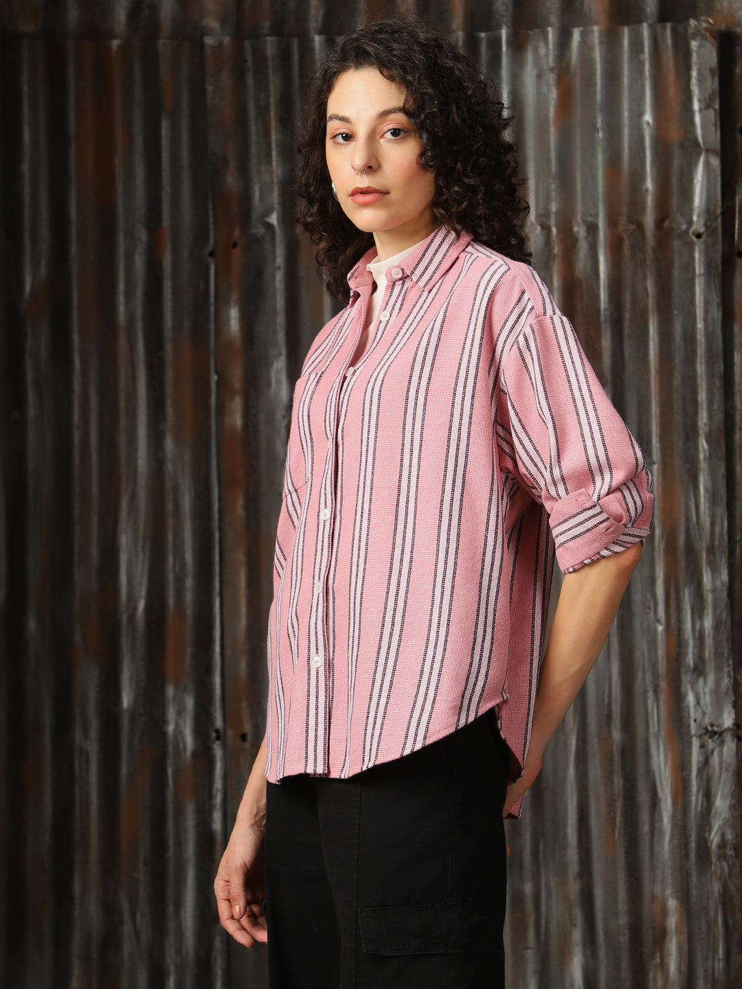 High Star Women Relaxed Opaque Striped Casual Shirt