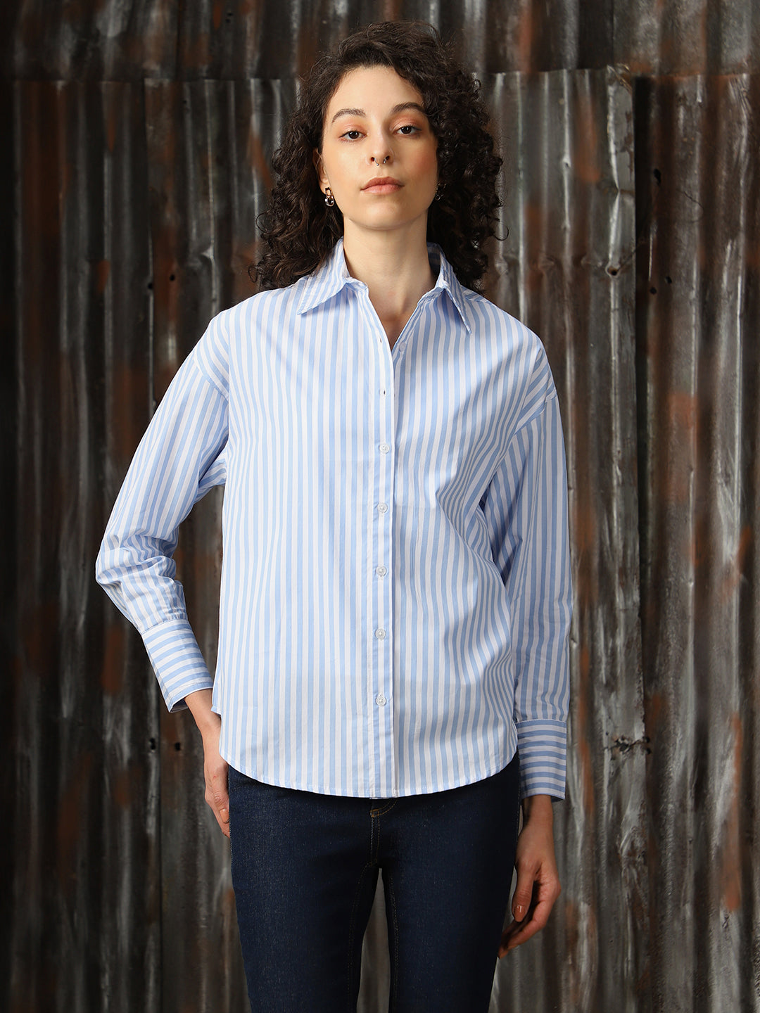 High Star Women Relaxed Opaque Striped Casual Shirt