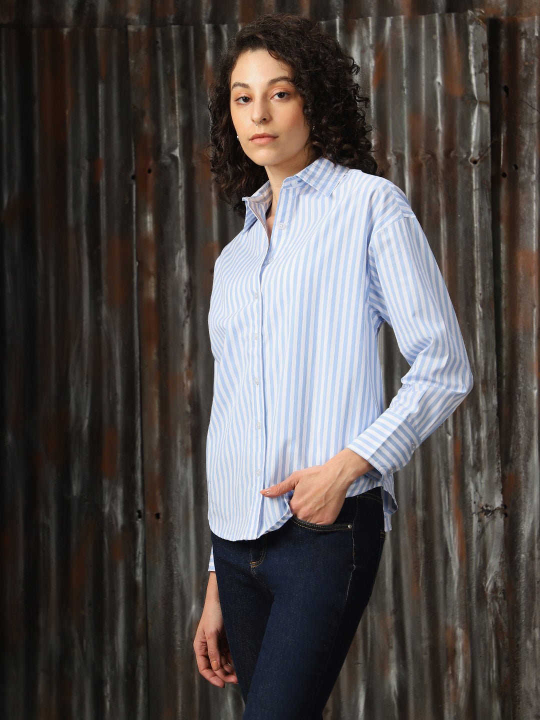 High Star Women Relaxed Opaque Striped Casual Shirt