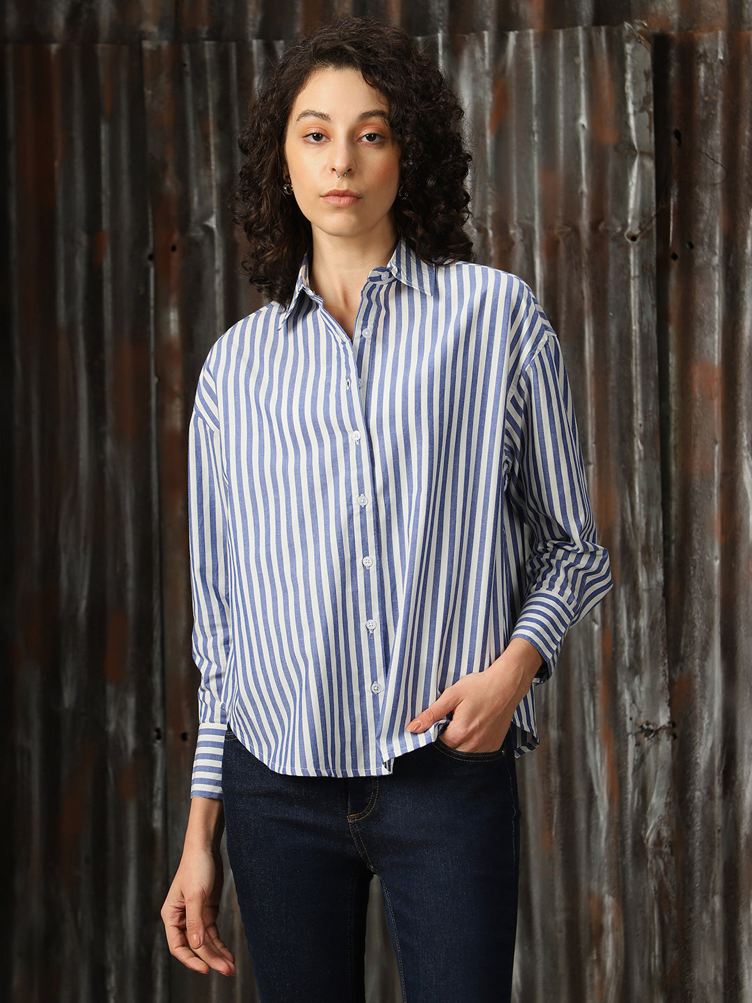 High Star Women Relaxed Opaque Striped Casual Shirt