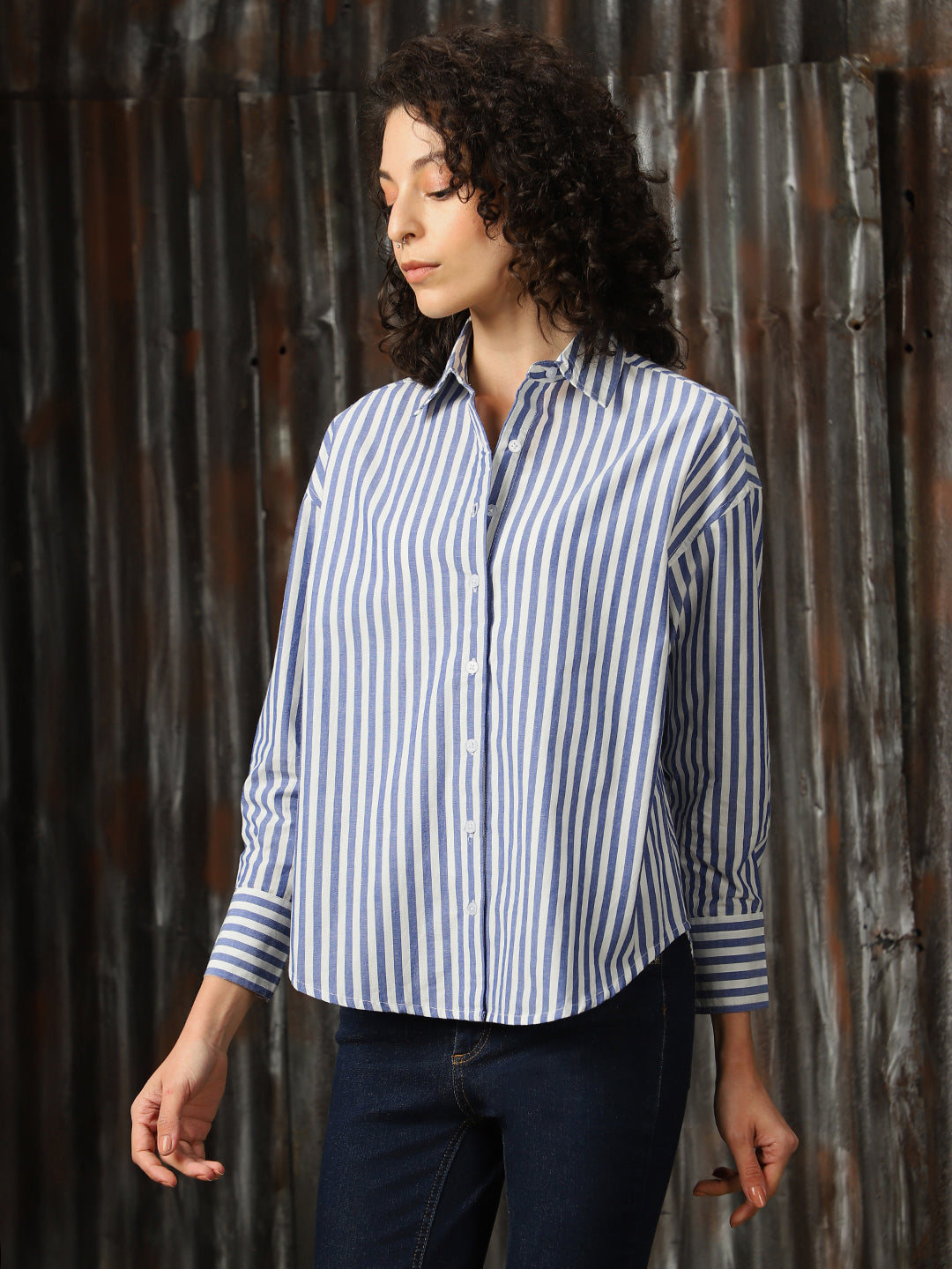 High Star Women Relaxed Opaque Striped Casual Shirt