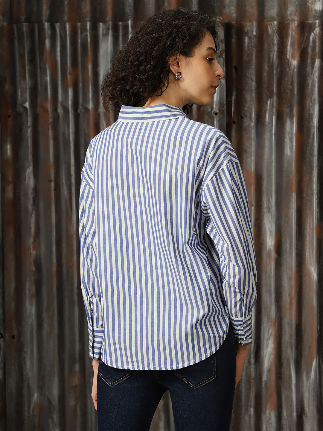 High Star Women Relaxed Opaque Striped Casual Shirt