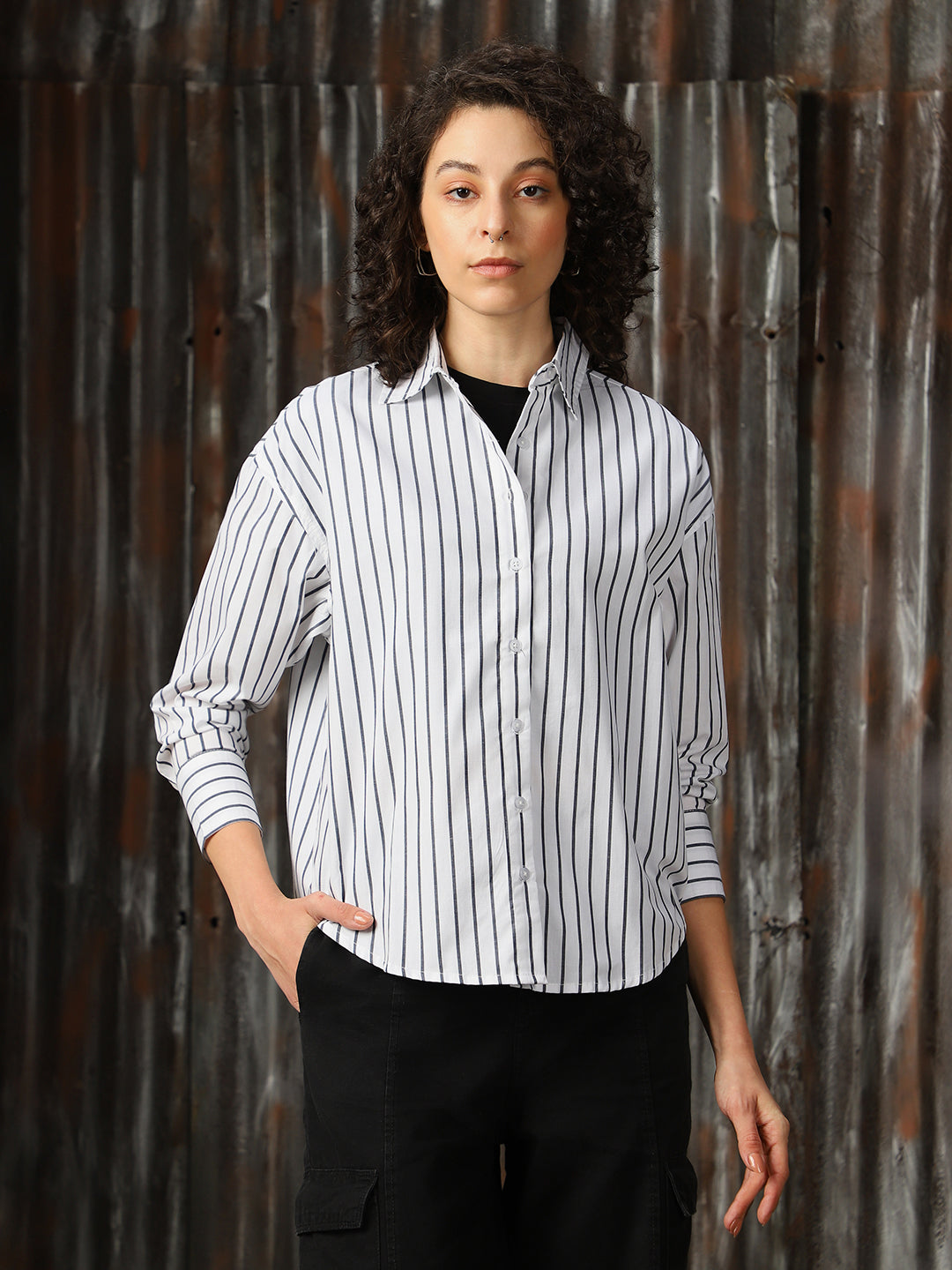 High Star Women Relaxed Opaque Striped Casual Shirt