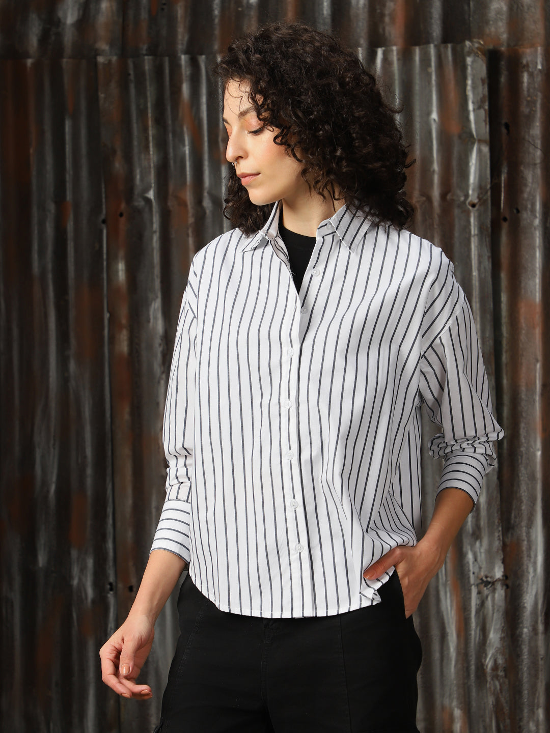 High Star Women Relaxed Opaque Striped Casual Shirt