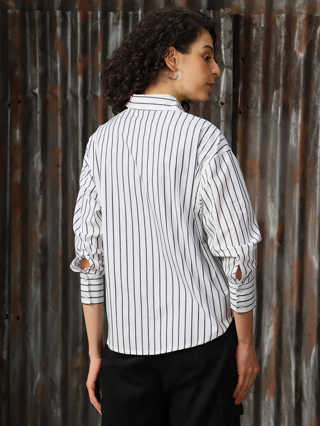 High Star Women Relaxed Opaque Striped Casual Shirt